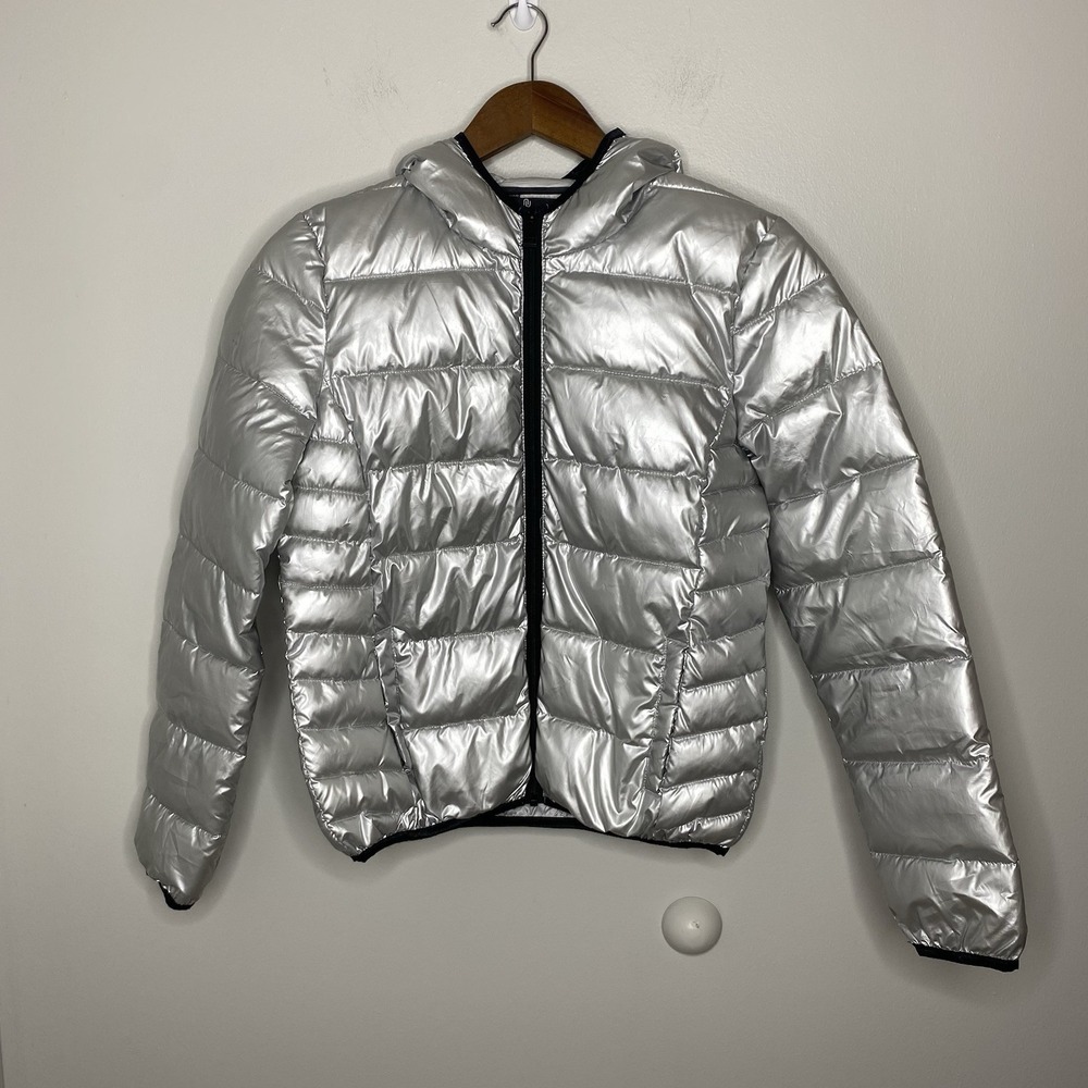 Numero Puffer Jacket Quilted‎ Hooded Packable Metallic Silver Coat Small Petite